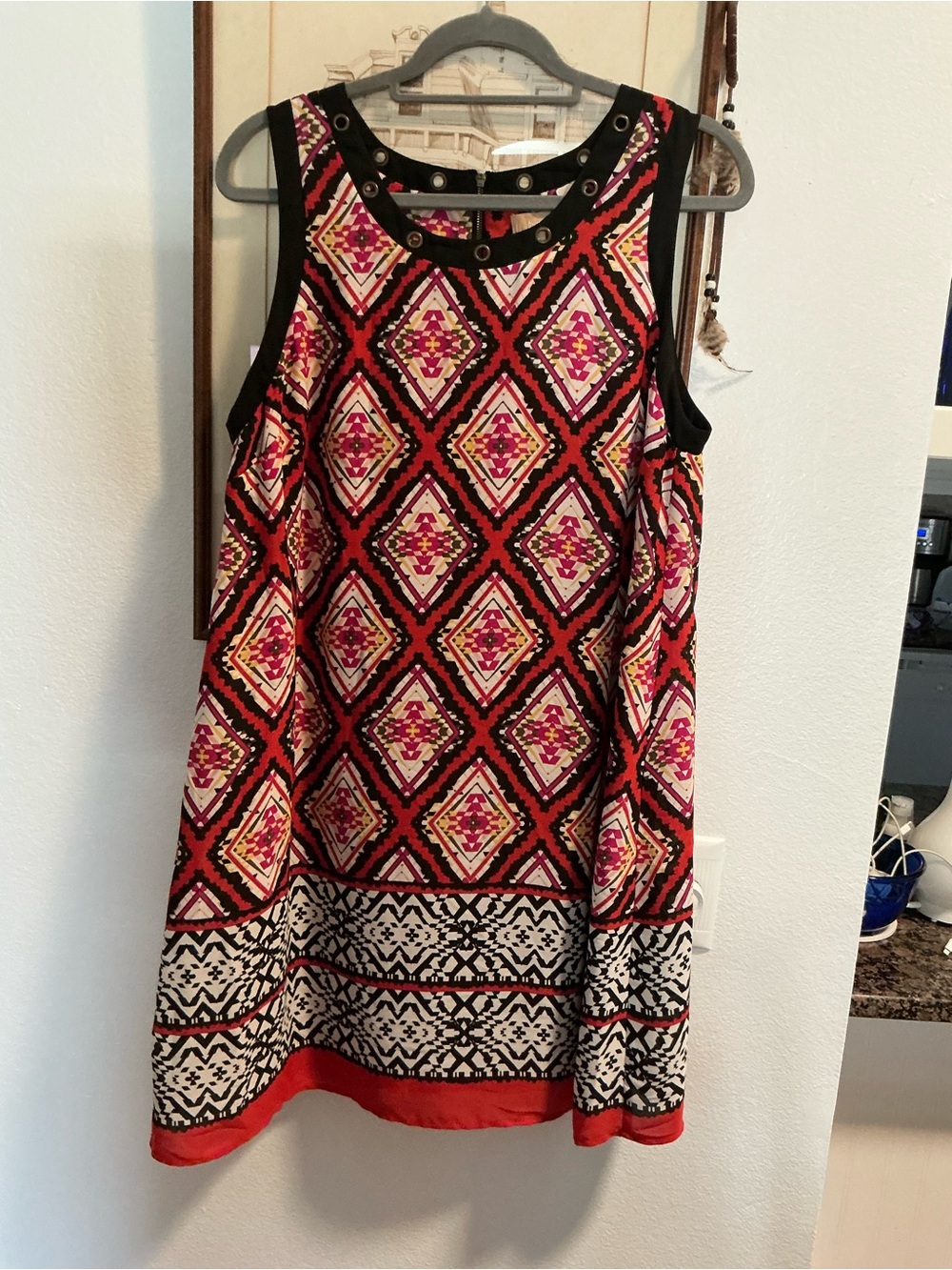 Takara Sleeveless Diamond-Print Dress in Red, Pink and Black